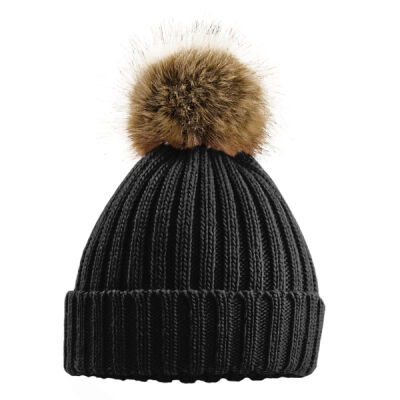 Faux Fur Pop Pom Chunky Beanie with Hell Bay Hem Tab showing Text Thumbnail